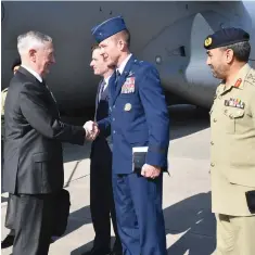  ??  ?? US DEFENSE SECRETARY Jim Mattis arrives in Islamabad yesterday.