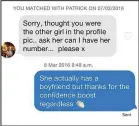  ??  ?? Tinder blunder: Rebecca Keane, left, and the message she got from her online match Patrick