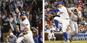  ?? DAVID BANKS PHOTOS / GETTY IMAGES ?? LEFT: Middletown High School graduate Kyle Schwarber celebrates his walkoff home run against the Cincinnati Reds in the 10th inning at Wrigley Field on Tuesday in Chicago. RIGHT: Cubs baserunner Anthony Rizzo collides with Reds second baseman Derek Dietrich during the fourth inning.