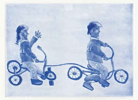  ?? COURTESY HOLMAN ESKIMO CO-OPERATIVE LTD./CANADIAN ARCTIC PRODUCERS ?? Julia Manoyok Ekpakohak Big Brother Pulling Sister on Bicycle 1999 Etching 28.5 × 37.9 cm