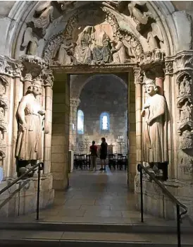  ??  ?? The Langon Chapel, limestone, circa after 1126, from Langon, near Bordeaux, France, and the limestone and paint doorway, circa 1250, from an abbey near Dijon, France