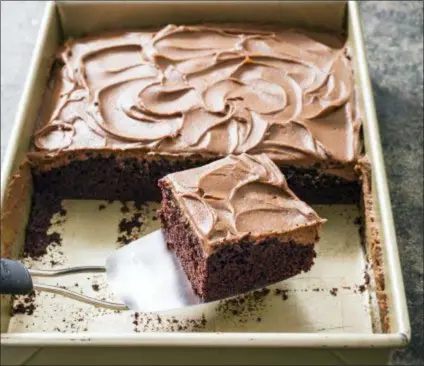  ?? CARL TREMBLAY — AMERICA’S TEST KITCHEN VIA AP ?? This undated photo provided by America’s Test Kitchen in November 2018 shows a chocolate sheet cake in Brookline, Mass. This recipe appears in the “Complete Cookbook for Young Chefs.”