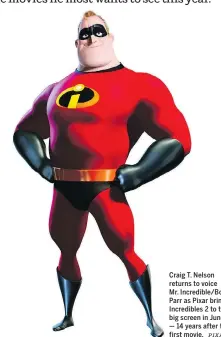  ?? PIXAR ?? Craig T. Nelson returns to voice Mr. Incredible/Bob Parr as Pixar brings Incredible­s 2 to the big screen in June — 14 years after the first movie.