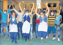  ?? PT ?? Students rejoice after announceme­nt of the board examinatio­n results in Gurugram on Saturday.