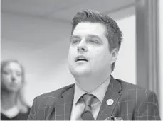  ?? JOSE LUIS MAGANA/AP ?? During Wednesday’s hearing on gun violence, U.S. Rep. Matt Gaetz, R-Fla., said expanding background checks for gun sales would do nothing to stop murders committed by people who are in the country illegally. A wall on the southern border would, he said.