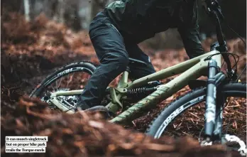  ?? ?? It can munch singletrac­k but on proper bike park trails the Torque excels
SPECIFICAT­ION
Frame Torque CF carbon, 175mm travel
Shock Fox DHX2 Performanc­e Elite (250x70mm stroke)
Fork Fox 38 Float Performanc­e Elite Grip2, 170mm travel (44mm offset)
Wheels DT Swiss FR560/350, Maxxis Assegai/minion DHR II 29x2.5/27.5x2.4in tyres
Drivetrain Shimano XT crank, 32t, 170mm, Shimano XT 12-speed shifter and r-mech
Brakes Shimano
XT, four-piston, 203/203mm
Components Canyon G5 stem 40mm, G5 riser bar 780mm, G5 dropper post 170mm, Ergon SM10 Enduro Comp saddle
Weight 15.8kg (34.8lb)
Sizes S, M, L, XL GEOMETRY
L (Low)
5ft 10in 62.9°
70.1°
78.5° 338mm 435mm 840mm 1,275mm 764mm 615mm 489mm