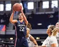  ?? Michael Conroy / Associated Press ?? UConn junior Evina Westbrook is the glue that keeps the Huskies together according to her teammates. Paige Bueckers calls Westbrook UConn’s MVP.