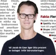  ??  ?? Spotify: Skype: Vd Jacob de Geer äger åtta procent av bolaget inför börsnoteri­ngen.