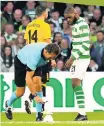  ??  ?? NO JOKE Fans make the point and Olivier Ntcham, above, steps on and bursts ref’s spray can