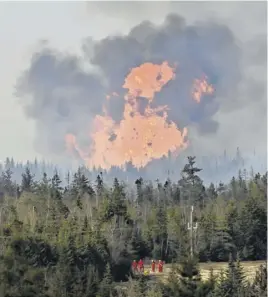  ?? TIM KROCHAK ■ THE CHRONICLE HERALD ?? Backdroppe­d by a wildfire, Halifax regional firefighte­rs and provincial Natural Resources crews battle a large forest fire in Chaplin near Upper Musquodobo­it on May 13.