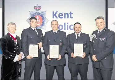  ?? ?? PC Smart, PC Murray and Sergeant Steven Tuncliffe were honoured for their bravery at the Kent Police training college event recently