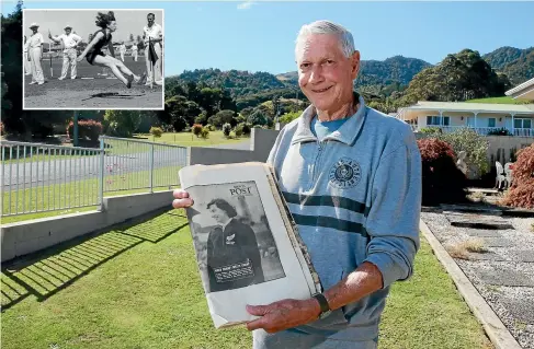  ??  ?? Yvette Williams’ younger brother Roy Williams reminisces about the first woman gold medallist’s life. Inset: This leap broke the New Zealand record and was 3.25 inches better than the winning effort at the Olympic Games in 1948. Main pic: TOM LEE/STUFF