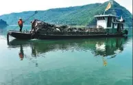  ?? RAO GUOJUN / FOR CHINA DAILY ?? Workers remove floating objects from the Xiaojiang River, a tributary of the Yangtze River, in Chongqing in October.