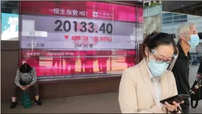  ?? (AP/Kin Cheung) ?? People wearing face masks stand near a bank’s electronic board showing the Hong Kong share index Monday in Hong Kong.