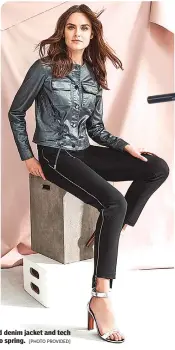  ?? [PHOTO PROVIDED] ?? Worth New York metallic washed denim jacket and tech stretch pants is an easy transition to spring.