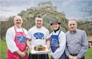  ??  ?? Beefy rugby ace Stuart Hogg with chef Jeff Bland, left, Bel Forbes and Jim McLaren, right.
