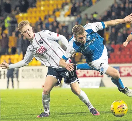  ?? Pictures: SNS Group. ?? Above: David Wotherspoo­n is sent spinning by a challenge from David Keillor-Dunn; right: Michael O’Halloran tries to break away from County’s Tim Chow; below: Staggies keeper Scott Fox competes for a cross in a busy box.