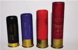  ??  ?? Shotgun cartridges come in a wide variety of lengths and are almost without fail loaded to correspond­ing pressure levels. Here, from left to right, we have a 2½-inch cartridge followed by a 2¾-inch cartridge, a Magnum 3-inch cartridge and a mammoth...