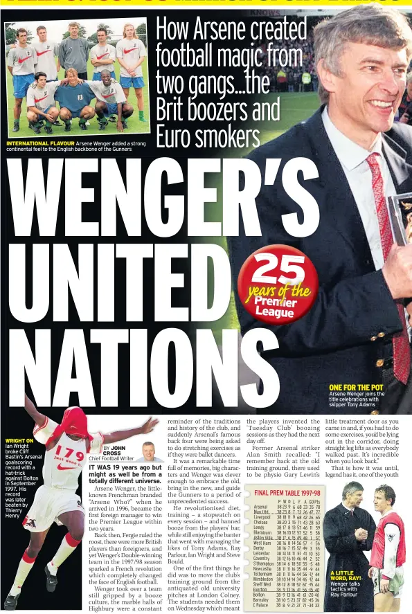  ??  ?? INTERNATIO­NAL FLAVOUR Arsene Wenger added a strong continenta­l feel to the English backbone of the Gunners WRIGHT ON Ian Wright broke Cliff Bastin’s Arsenal goalscorin­g record with a hat-trick against Bolton in September 1997. His record was later...