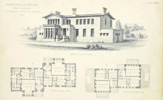  ??  ?? Fig 3 above: The plan and elevations of the Double Villa as published by Blackie & Son in 1868 Fig 4 below left: Moray Place, with its continuous upper tier of windows. Fig 5 below right: The Double Villa. It comprises two identical houses set in...
