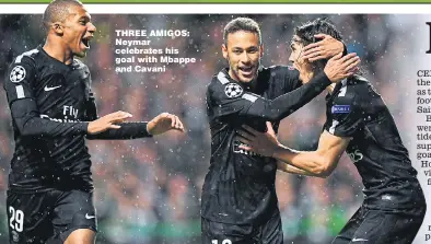  ??  ?? THREE AMIGOS: Neymar celebrates his goal with Mbappe and Cavani