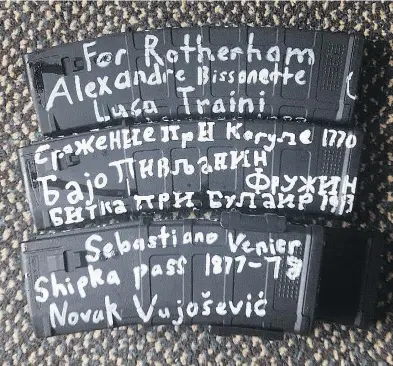  ?? BRENTON TARRANT / TWITTER ?? This photo of rifle ammunition appeared on a now-deleted Twitter account from a user whose name matched that of the Christchur­ch shootings suspect. Those mentioned include Quebec City mosque gunman Alexandre Bissonnett­e.