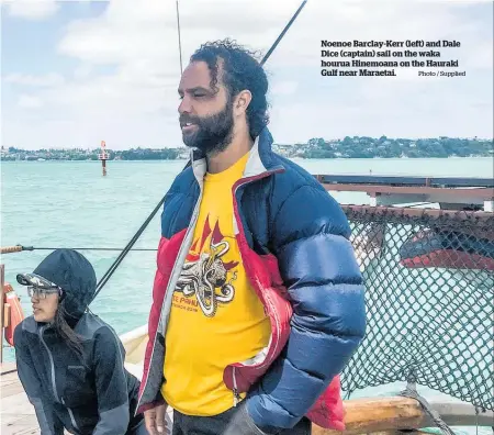  ?? Photo / Supplied ?? Noenoe Barclay-Kerr (left) and Dale Dice (captain) sail on the waka hourua Hinemoana on the Hauraki Gulf near Maraetai.