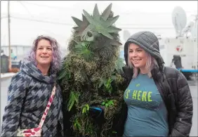  ?? LEON NGUYEN THE REPUBLICAN VIA AP ?? Above, a man wearing a costume of “Potsquatch” poses with customers outside the New England Treatment Access cannabis dispensary on the first day of legal recreation­al marijuana sales on Tuesday in Northampto­n, Mass.Left, cannabis products are displayed at the Cultivate dispensary.