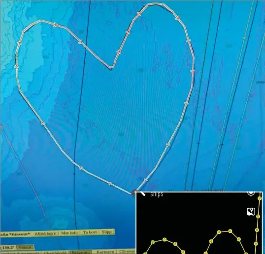 ?? FOTO: SKJERMDUMP FRA KARTPLOTTE­REN PÅ «JENS KRISTIAN». ?? Mannskapet på fiskebåten «Jens Kristian» kjørte et hjerte for sin kollega Marcus Bang som omkom på Lopphavet på tirsdag.