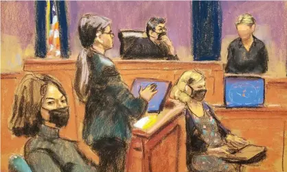  ?? Photograph: Jane Rosenberg/Reuters ?? Witness ‘Kate’ is questioned by prosecutor Lara Pomerantz during the trial of Ghislaine Maxwell, in a courtroom sketch in New York City on Monday.
