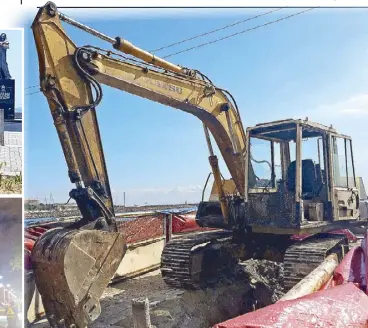  ?? MARC JAYSON CAYABYAB ?? A backhoe stands on the site of the comfort woman statue along Roxas Boulevard yesterday. Insets show the backhoe behind the statue days before it was demolished and workers removing the statue Friday night.