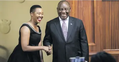  ?? Picture: Jacques Nelles ?? WELCOME ABOARD. New Minister of Communicat­ions Stella Ndabeni-Abrahams shakes hands with President Ramaphosa during the swearing in of her new position at the Union Buildings in Pretoria yesterday.