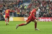  ?? RUI VIEIRA / AP ?? Wales’ Gareth Bale celebrates after scoring during the World Cup 2022 qualifying play-off soccer match against Ukraine at Cardiff City Stadium Sunday.