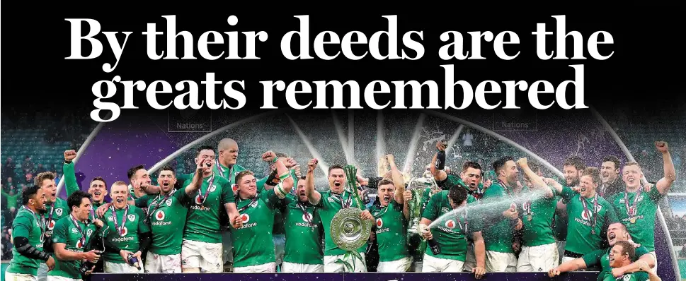  ??  ?? GLORIOUS: Ireland celebrate with the Triple Crown and Six Nations trophies. Photo: Gerry Mooney