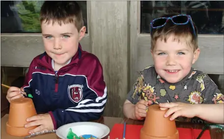  ??  ?? Conal and Tomás Ó Droma at the plant pot painting and planting workshop in the JFK Park as part of the Bealtaine Living Earth Festival organised by Calmast at WIT (Waterford Institute of Technology).