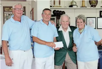  ??  ?? A FITTING TRIBUTE:Blue section winners at the Kowie Mixed Trips Rivalry were the Kowie Bowling Club team of, from left, Stan Long Lennie Clark and Judy Alexander, with Doc Charles Louw, in whose honour the tournament was held