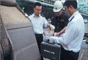  ?? YU FANGPING/ FOR CHINA DAILY ?? The quarantine officers inspect imported soybeans in Rizhao, Shandong province. China’s edible oil imports also rose 9 percent year-on-year to 5.98 million tons in the first three quarters of 2013.