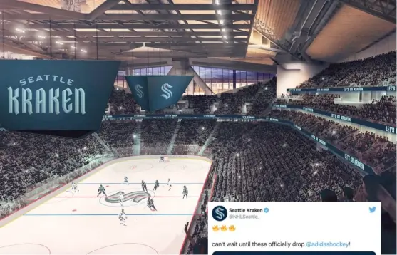  ??  ?? ABOVE: An artist’s rendering released Thursday shows the Seattle Kraken’s logo and name in a mock-up of their arena. RIGHT: A tweet from the team showing its sweater.