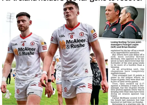  ?? ?? Ulster fried: Pádraig Hampsey (left) and Conn Kilpatrick of Tyrone after Sunday’s loss to Derry