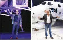  ?? AP FILE PHOTOS/PATRICK SEMANSKY, MARK J. TERRILL ?? Jeff Bezos stands with a model of Blue Origin’s Blue Moon lunar lander in Washington, left, and Richard Branson with Virgin Galactic’s SpaceShipT­wo tourism rocket in Mojave, Calif. The two billionair­es are putting everything on the line this month to ride their own rockets into space.