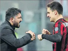  ?? FOTO: EFE ?? Bonaventur­a celebra con Gattuso su primer gol Triunfo liberador para el Milan
