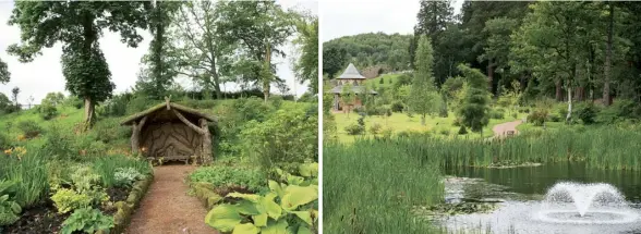  ?? ?? Above, from left The Woodland Garden is one of many across the estate; one of the two lochans adjacent to the arboretum. Below A Wedgwood vase sits above the fireplace in Lord Dumfries’ Study