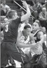  ?? AP/ JAMES CRISP ?? Kentucky forward Bam Adebayo ( center) tries to escape a trap by Vanderbilt defenders Luke Kornet ( left) and Jeff Roberson during Tuesday night’s game. The Wildcats overcame a 19- point defi cit in the fi rst half to beat the Commodores 73- 67.