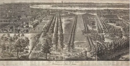  ??  ?? Fig 3: Johannes Kip’s A Prospect of the City of London, Westminste­r and St James’s Park (about 1726). With Daniel Crouch