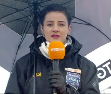  ??  ?? Claire O’Connor busy at work on the sideline for TG4.