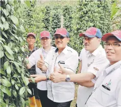  ??  ?? Nasrun (third right) gestures during a visit to a pepper farm at Bengoh Resettleme­nt Scheme owned by Sow Titeng (left).