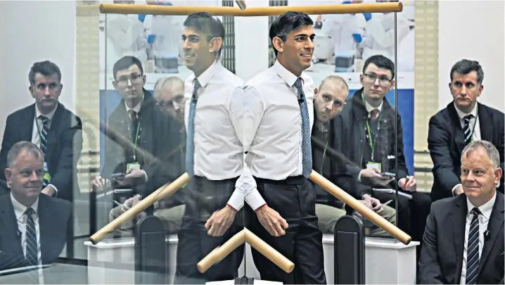  ?? ?? Rishi Sunak, the Prime Minister, takes part in a Q&A session at Teeside University on a visit to Darlington, during which he stressed the importance of ‘restoring integrity to politics’