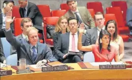 ?? AP ?? British ambassador to the UN Matthew Rycroft (left) and US ambassador to the UN Nikki Haley vote during a security council meeting on new sanctions on North Korea on Saturday.
