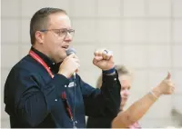  ?? MICHAEL GARD/POST-TRIBUNE ?? Munster Schools Superinten­dent Bret Heller speaks during an assembly on Sept. 19.