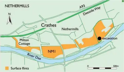  ??  ?? Main areas of lithics as collected over 50 years beside the Dee at Nethermill­s; see below for detail of field nm1